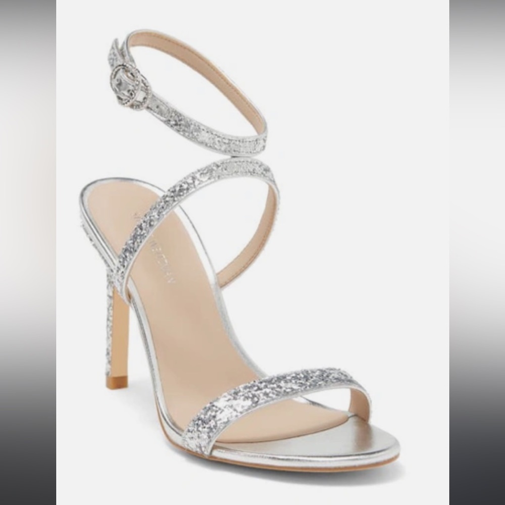 New Stuart Weitzman Silver Glitter Crystal Buckle High Heel Sandal